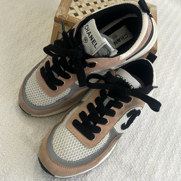 CHANEL Mesh Suede Calfskin Grained Calfskin Womens CC Sneakers Pink - Picture 13 of 14